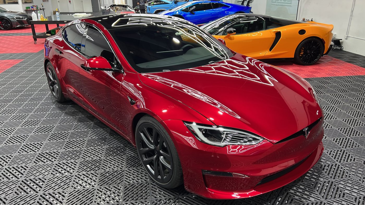 Tesla Model S Plaid, red, rear