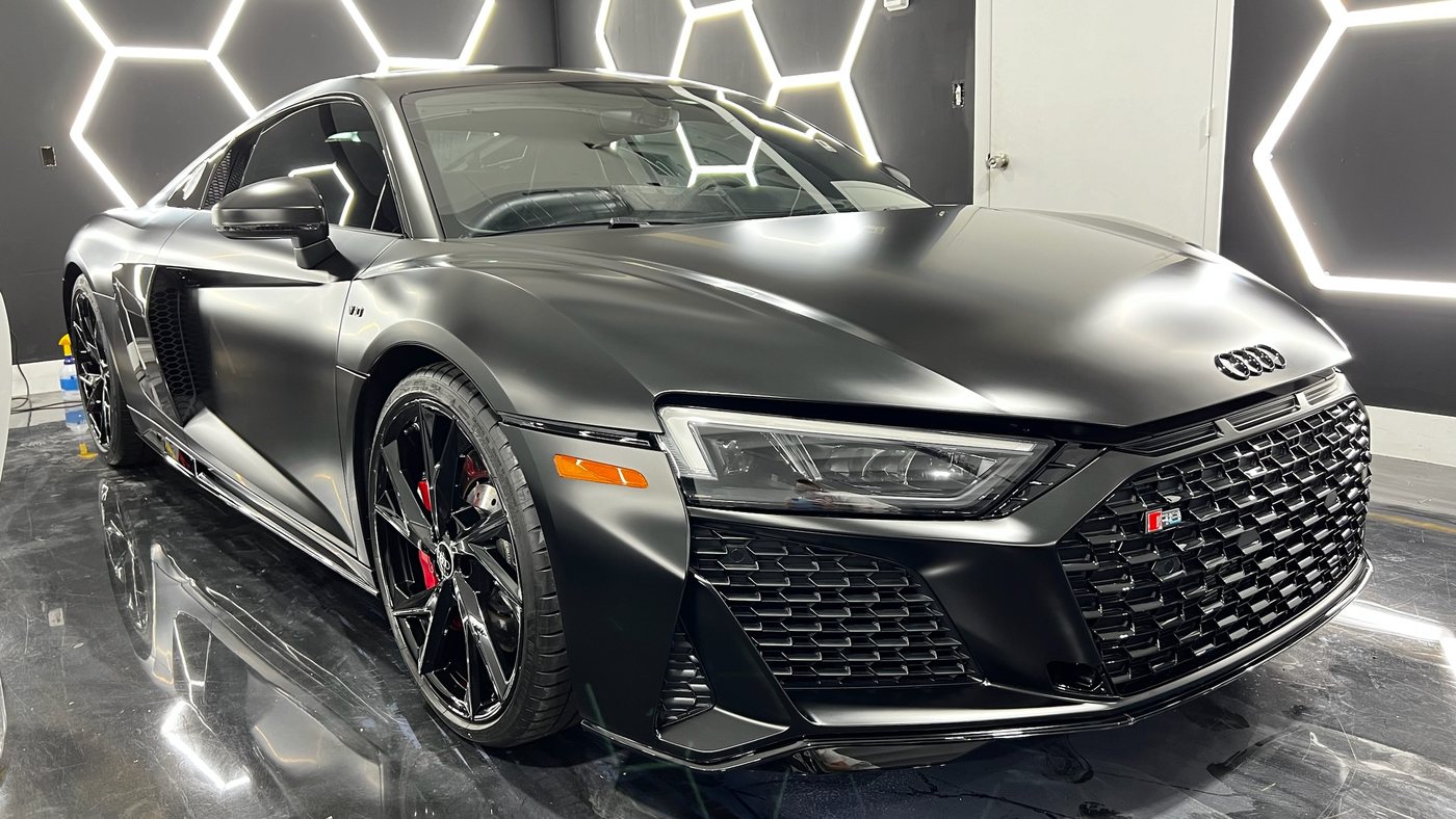 Audi R8 wrapped in satin black at Elite Premium Detailing in Davie