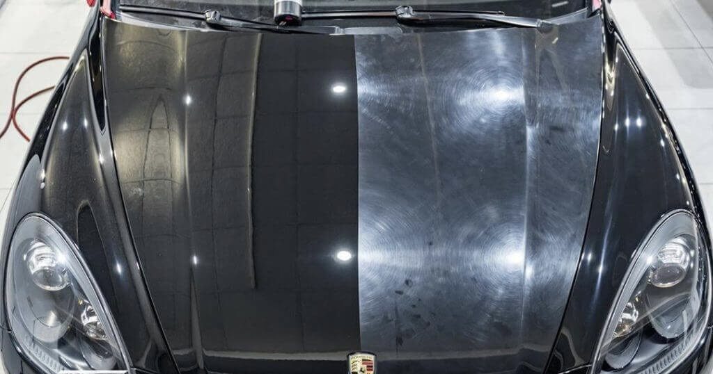 Porsche hood paint correction 50/50 &mdash; heavy swirls corrected to a mirror finish